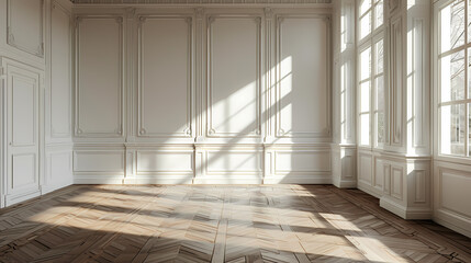 Fototapeta premium A spacious room with large windows and intricate white moldings creates a classic and elegant feel, with sunlight streaming through the windows casting shadows on the herringbone patterned wooden floo