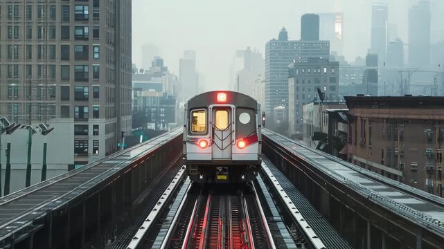 Elevated train approaching in snowy Chicago skyline, winter urban transportation