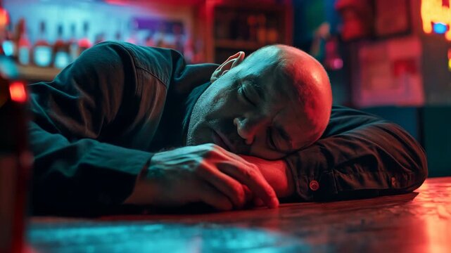Drunk man passed out on bar counter, alcohol abuse and addiction concept in neon-lit nightclub