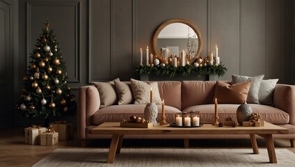 Obraz premium Aesthetic composition of christmas living room interior with wooden console, christmas gifts, candle with candlestick, christmas tree, and personal accessories. Home decor. Template