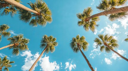 Palm trees against a blue sky, at a tropical coast.