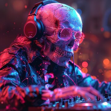 13h Create a neon, cyberpunk-style image featuring an anthropomorphic skeleton DJ. 