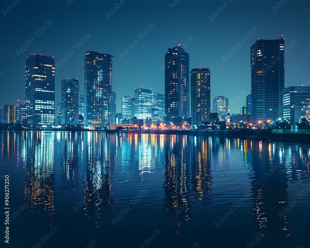 Poster captivating nighttime city skyline with glimmering skyscrapers and reflections on the river