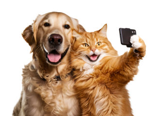 Golden Retriever Dog and Orange Tabby Cat Taking a Fun Selfie Together , Adorable Pets Enjoying a Moment of Friendship