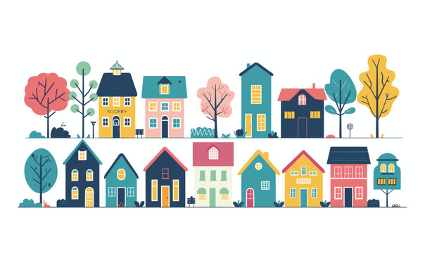 Colorful suburban neighborhood illustration, various house designs, stylized trees. Quaint village scene, residential area, cheerful homes, tranquil setting. Flat design aesthetic, vibrant community