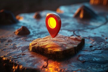 Animated 3D Game Sprite with a Rotating Locator Pin for Map Navigation and Destination Marking in Virtual Worlds.