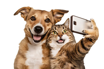Smiley Dog and Cat looking at the camera and taking selfie together, isolated on transparent background. friendship, friendliness between cat and dog