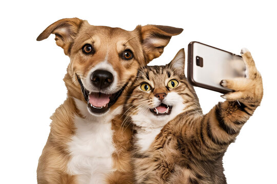 Smiley Dog and Cat looking at the camera and taking selfie together, isolated on transparent background. friendship, friendliness between cat and dog
