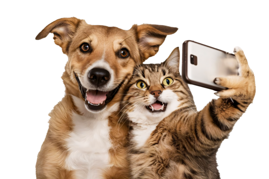 Smiley Dog and Cat looking at the camera and taking selfie together, isolated on transparent background. friendship, friendliness between cat and dog