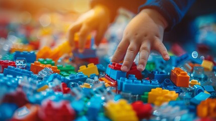 Preschool child building colorful block tower at home or daycare center for creative play