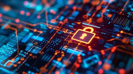 Fototapeta premium A computer chip with a red lock on it. Digital security background. Hologram digital security