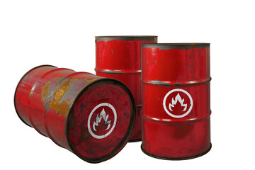 Red barrel or oil-drums with a flammable sign. Rusty dangerous barrel with fuel or crude oil on...