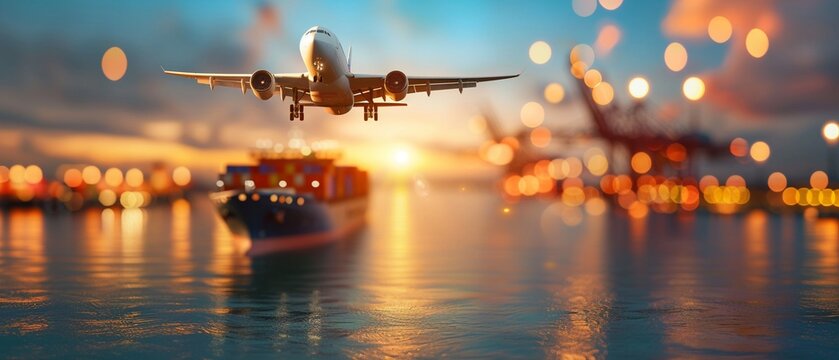 Sea transport vessels and jet planes at an import terminal, vibrant activity, detailed digital art, efficient and dynamic global logistics operations 8K , high-resolution, ultra HD,up32K HD