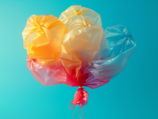 A colorful arrangement of plastic bags resembling balloons, floating in mid-air. Playful abstract composition with bright and soft tones.