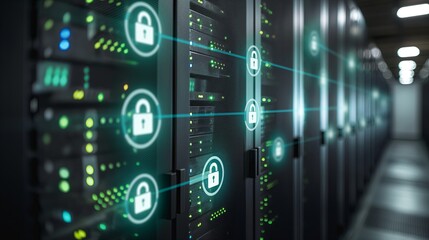 Obraz premium A computer server room with a green line of security icons. Digital security background. Hologram digital security