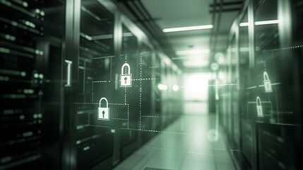 Obraz premium A computer server room with two locks on it. Digital security background. Hologram digital security