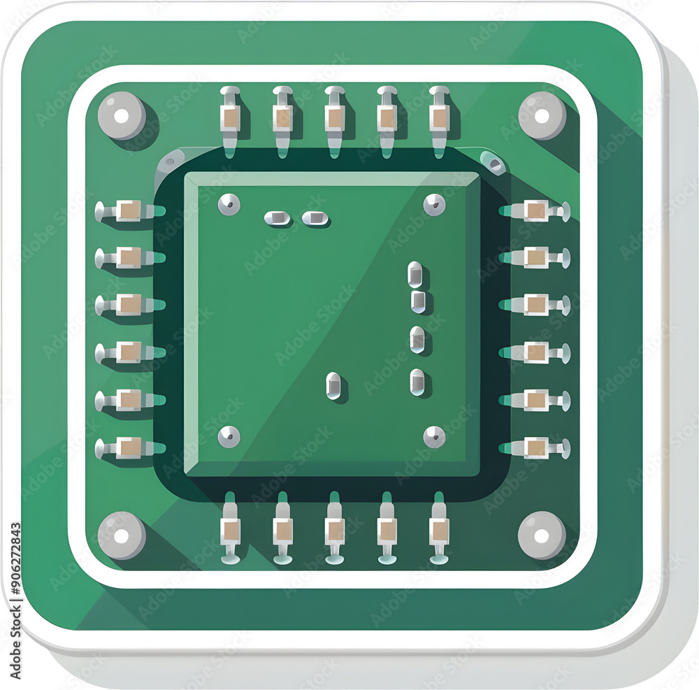 Poster flat icon of a modern green computer chip with silver connectors for ui design