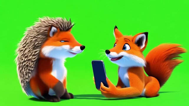 Hedgehog and fox with smartphone talking and chatting on green screen. Animation cartoon of animals with phone. Social media,funny concept