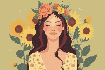 Chinese minimalism illustration, portrait of a Latina woman with medium-length wavy brown hair styled in loose curls with a floral crown, wearing a flowy top, flat illustration 