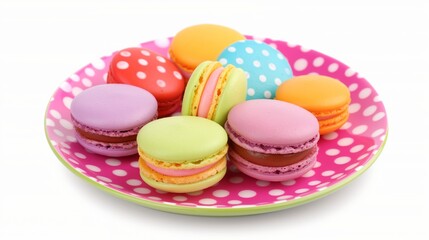 A plate of colorful macarons with a pink background. The macarons are in various colors and are arranged in a circle