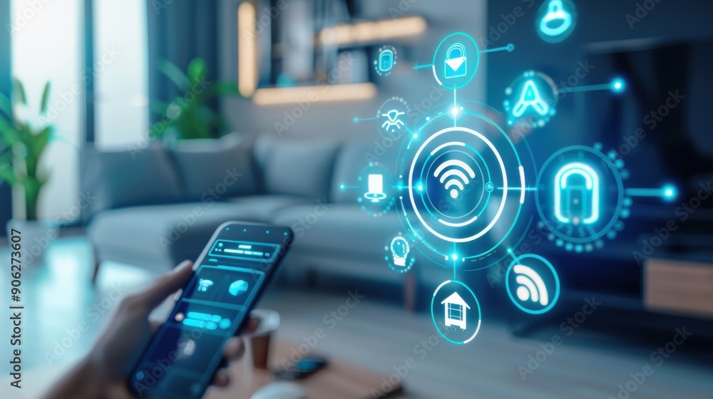 Poster smart home with iot devices connected via 5g, seamless and integrated.