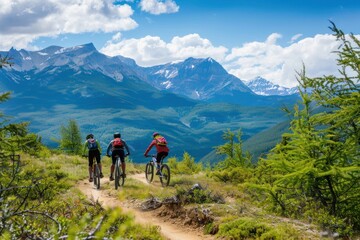 Fototapeta premium A group of three mountain bikers ride excitedly on a mountain.