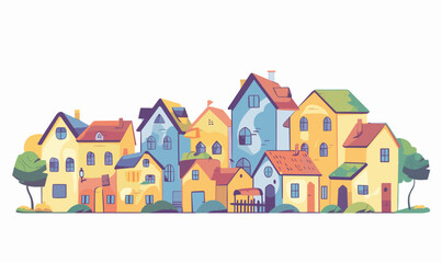 Colorful cartoon houses clustered together, lush green trees, peaceful neighborhood. Simplistic architecture, varying roof designs, pastel palette. No people, bright, welcoming atmosphere, suburban