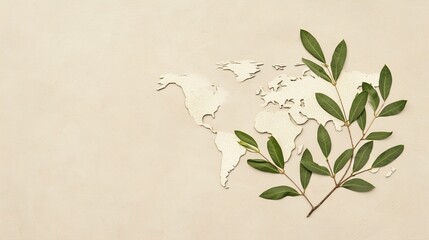 Olive branch and world map intertwined, representing an international statement, detailed digital art, serene and balanced composition, soft pastel tones 8K , high-resolution, ultra HD,up32K HD