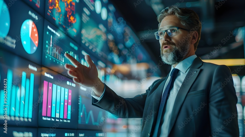 Poster business leader strategizing with team analyzing market data on digital display