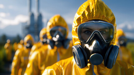 A group of people in yellow protective gear are standing together. The woman in the center is wearing a gas mask