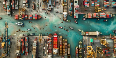 Obraz premium A port area with ships with containers, top view