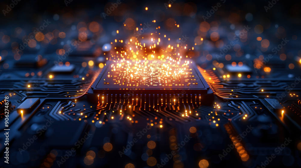 Poster a computer chip is lit up with bright lights. concept of technology and innovation