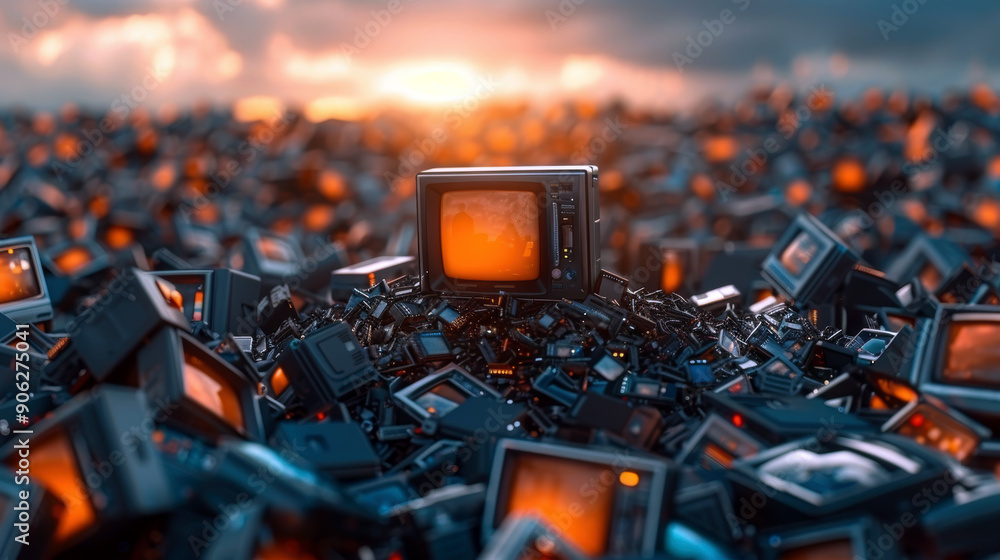 Poster a pile of old televisions and computer monitors. the pile is so large that it is almost impossible t