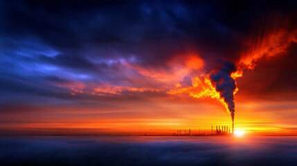 Fototapeta premium A large smoke stack is seen in the distance, with a beautiful sunset in the background. The sky is filled with clouds, and the sun is setting, creating a serene and peaceful atmosphere