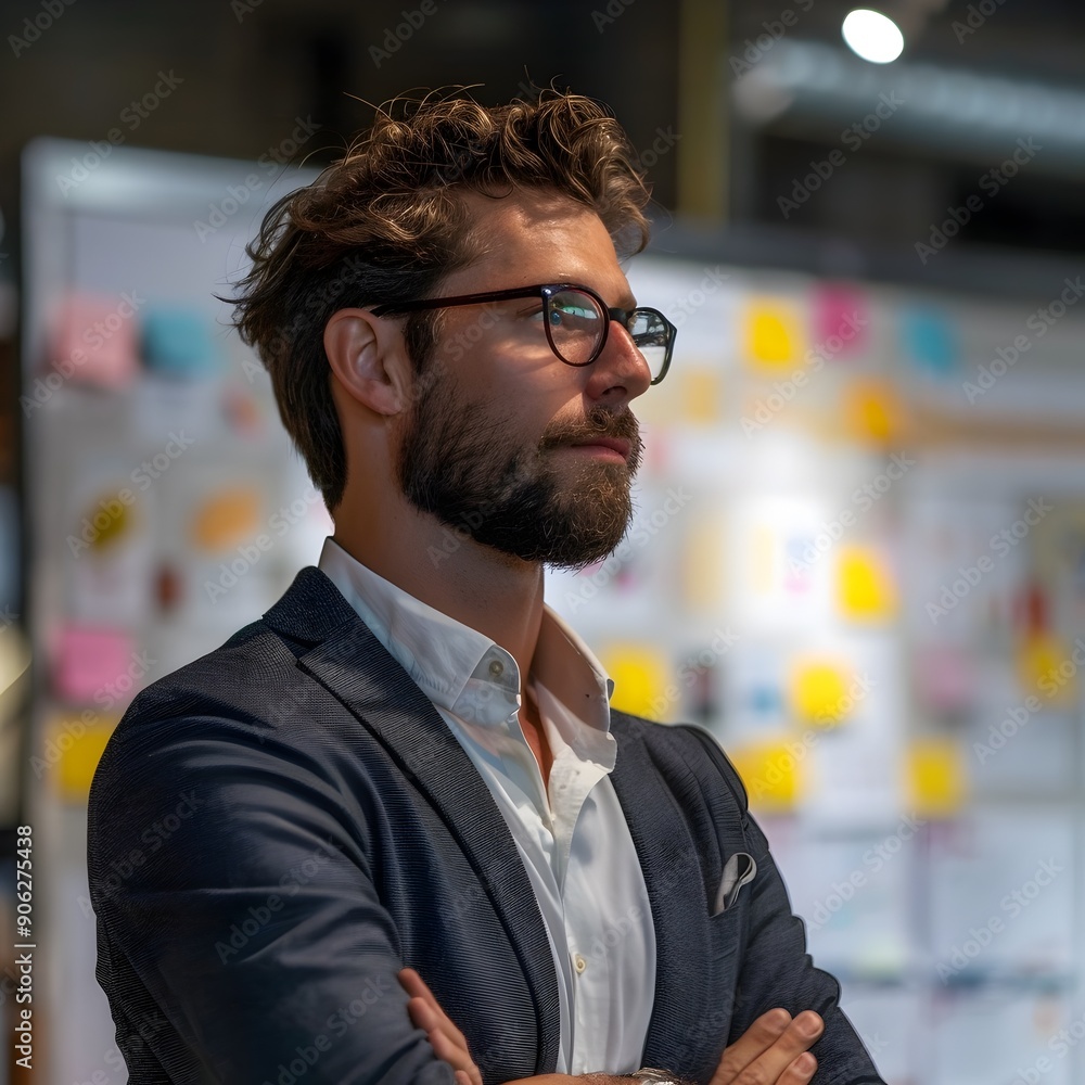 Poster focused business leader presenting new product concept with prototype and slides