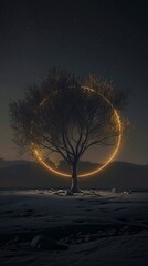 a tree alone in the middle of a night landscape