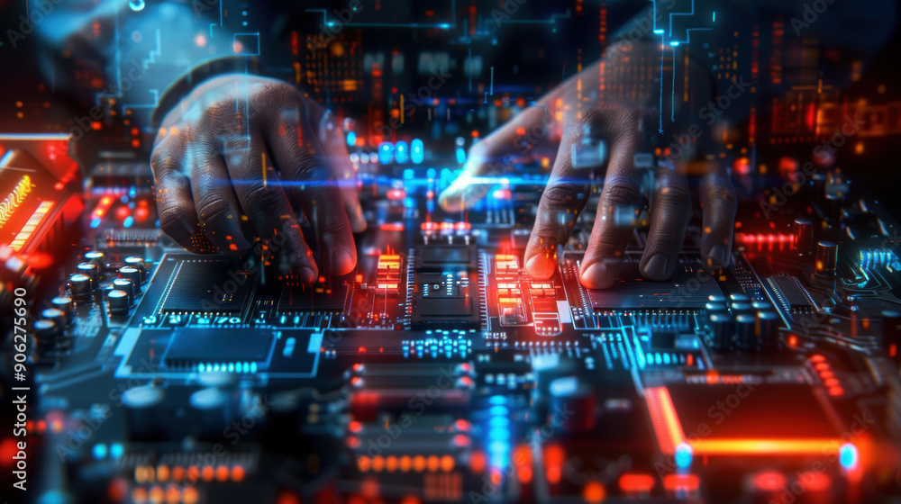 Poster a man is working on a computer with his hands on the keyboard. the image has a futuristic and techno