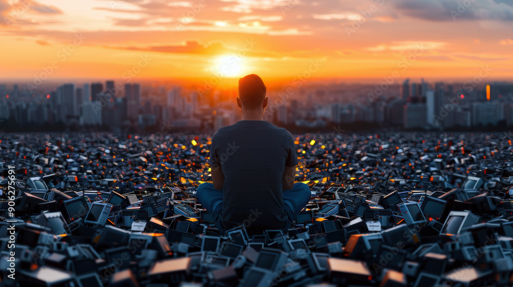 Poster a man sits in the middle of a pile of old computer monitors. the sun is setting in the background, c