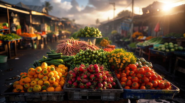 A market with a variety of fruits and vegetables on display. Scene is lively and colorful