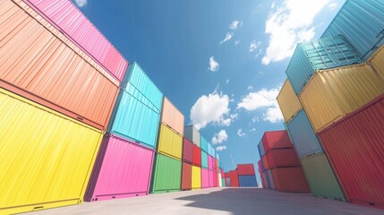 Colorful sea cargo containers stacked in dock area for transport and business at blue sky background