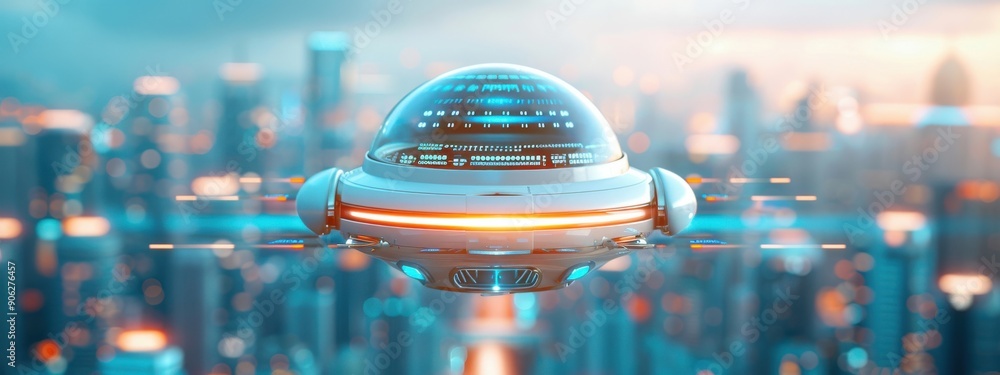 Poster upper hovering hubs with combined communication and sensing, upper hovering hubs, futuristic high-al