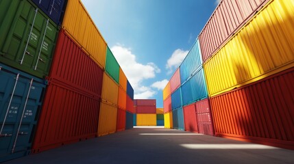 Fototapeta premium Colorful sea cargo containers stacked in dock area for transport and business at blue sky background