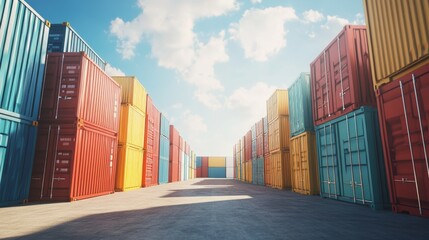 Fototapeta premium Colorful sea cargo containers stacked in dock area for transport and business at blue sky background