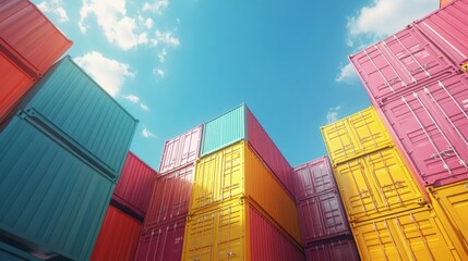 Fototapeta premium Colorful sea cargo containers stacked in dock area for transport and business at blue sky background