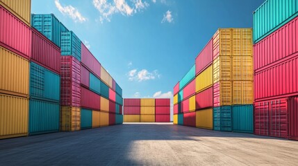 Fototapeta premium Colorful sea cargo containers stacked in dock area for transport and business at blue sky background
