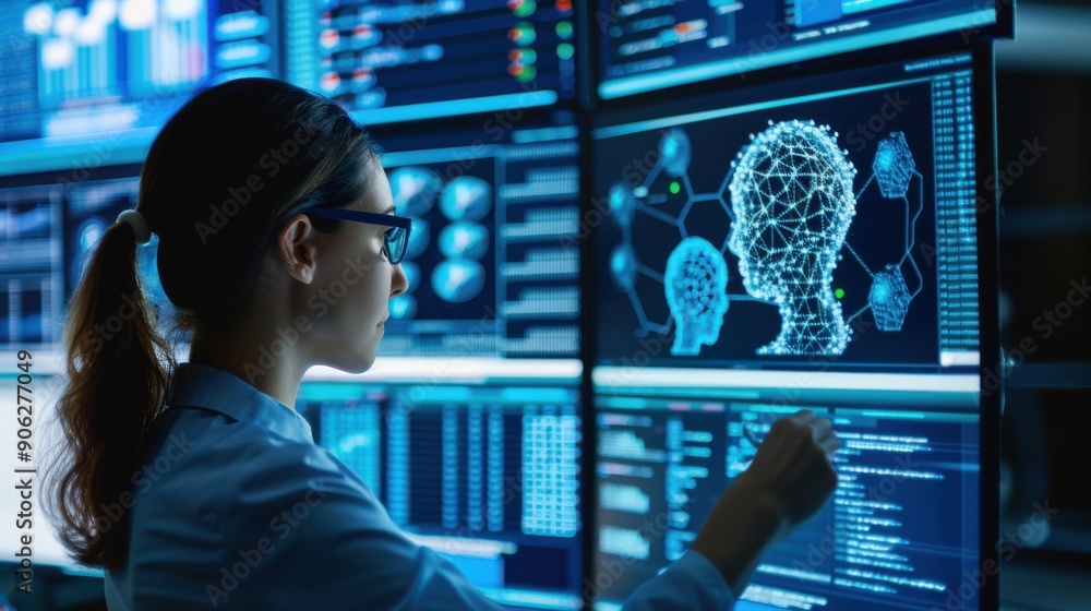 Poster woman analyzing data with machine learning algorithms on multiple screens, data analysis, machine le