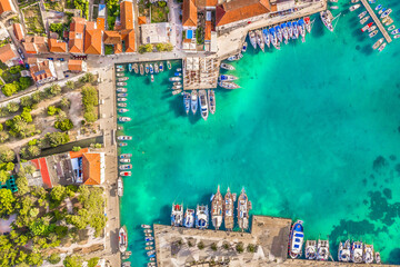 Aerial view of harbor in Jelsa old town, croatian popular tourist resort.