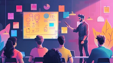 Team leader facilitating a design thinking workshop, rightaligned, pastel background, high resolution, more clarity with clear light and sharp focus , high detailed ,
