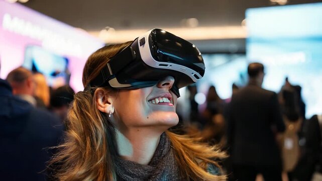 Woman experiencing virtual reality with VR headset at tech expo, immersive technology demonstration