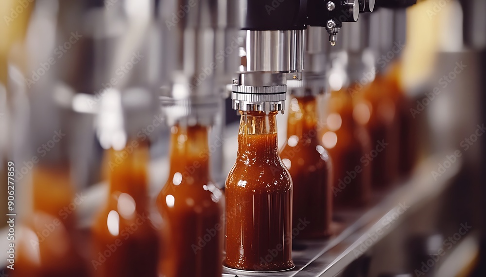 Poster close-up of food production machine filling bottles with sauce on an assembly line